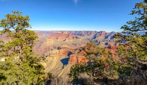 View from Rim Trail between Mather Point and Yavapai Point eroded rock Stock Photos