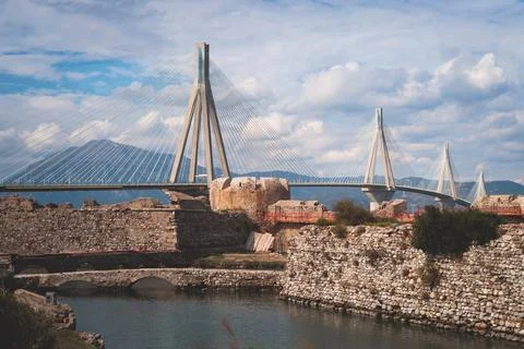View of Rio-Antirrio cable-stayed suspension bridge through Gulf of Corinth.. Stock Photos