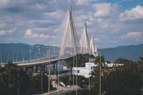 View of Rio-Antirrio cable-stayed suspension bridge through Gulf of Corinth.. Stock Photos