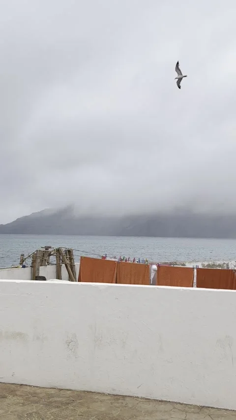 View of Risco de Famara from la Graciosa on a Rainy Day Stock Footage 320123093