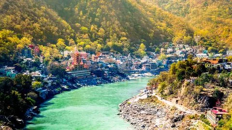 View of Rishikesh by the river Ganges, Uttarakhand, India Stock Photos