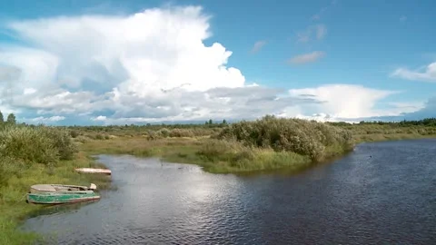 View of the river and boats in the Russian province in summer Stock Footage 340143953