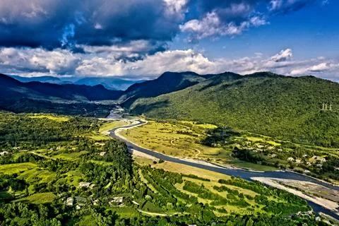View of the river and forest from a drone in summer Stock Photos