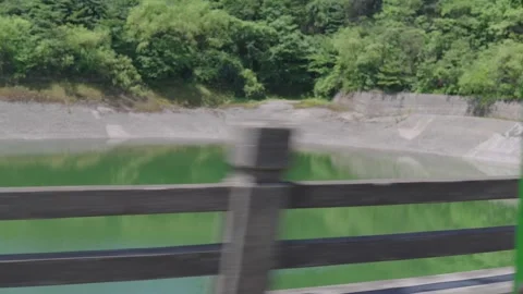 View of river and forest from moving car window, natural summer travel feel Видео 313917664