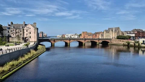 View on River Ayr towards New Bridge, Ayr, Scotland, UK Stock Footage 283776704