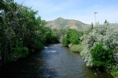 View of river from Billy Drew Bridge in Golden Colorado Stock Photos