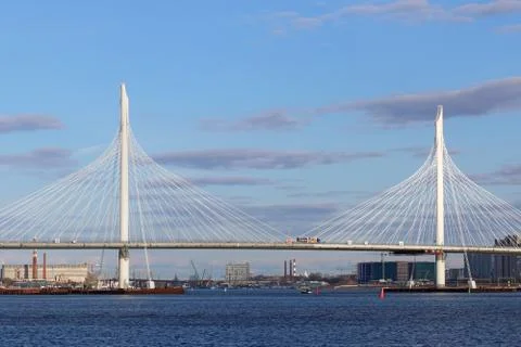 View from the river on the cable-stayed bridge over the Petrovsky fairway in 스톡 사진