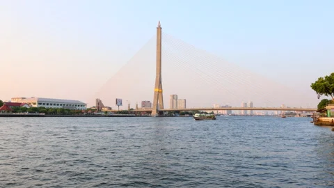 View of the river Chao Phraya and bridge under which the river transport floats 스톡 동영상 146170875