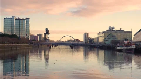 View on River Clyde towards Glasgow, Stobcross Crane and Glasgow Arc bridge Stock Footage 228929711