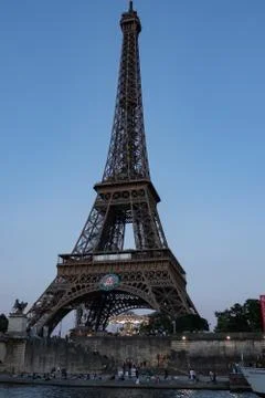 View from river to the Eiffel Tower after sunset. Low angle view. Paris, 31 m Stock Photos