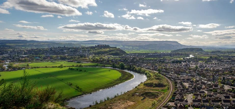 A view to river Forth and Stirling city from Abbey Craig hilltop Stock Photos