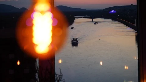 View on river from high altitude restaurant Stock Footage 120540640