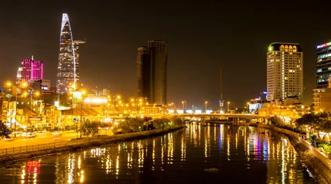 View of the river in Ho Chi Minh City at night Stock Footage 63495862