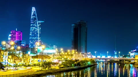 View of the river in Ho Chi Minh City at night Stock Footage 64580862