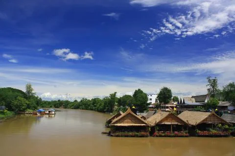 View on the river hous restaurant floating on the river Kwai, Kanchanaburi Th Stock Photos