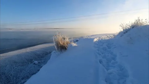View of the river landscape after a snowfall Stock Footage 260847512