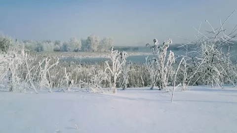 View of the river landscape after a snowfall Stock Footage 260848444