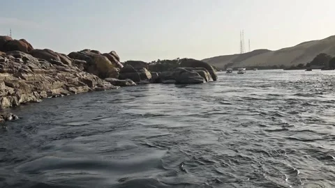 View of river nile in Aswan Egypt showing cataracts and mountain Stock Footage 194966403