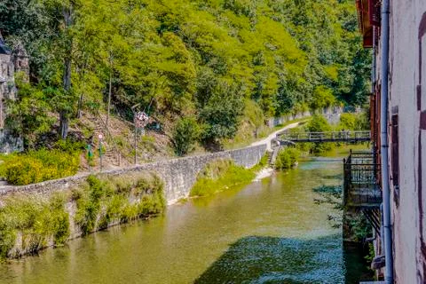 View of the river Nive as it passes through the village Saint Jean Pied de Po Stock Photos