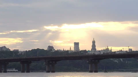 View of the river with the Paton bridge and the city landscape Stock Footage 139837340