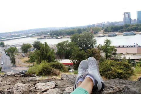 View of river Sava and New Belgrade from Belgrade fortress. Stock-Fotos
