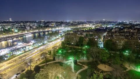 View of river Seine from the Eiffel tower night timelapse. Paris, France, Eur Stock Photos