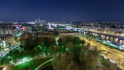 View of river Seine from the Eiffel tower night timelapse. Paris, France, Eur Stock Photos