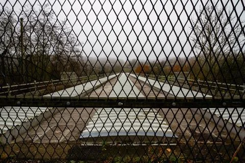 View of the  River Severn pipe bridge, near Bewdley dull day. Stock Photos