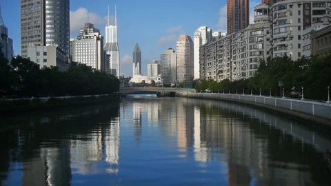 A view of the river with skyscrapers in the background Stock Footage 127273990