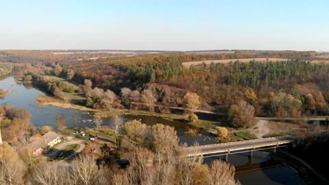 View on river Southern Bug, old watermill and bridge, Sokilets, Ukraine Stock Footage 161506801