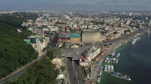 View of the river station and the historical part of the city of Podil Stock Footage 189887980