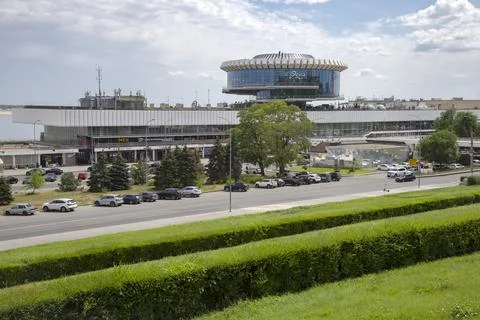View on the river station building. Central embankment of Volgograd Stock Photos