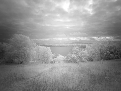 View of a river surrounded by trees under a cloudy sky during the day Stock Photos
