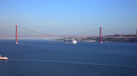 View of river Tejo and The 25 de Abril Bridge above Video stock 33446407
