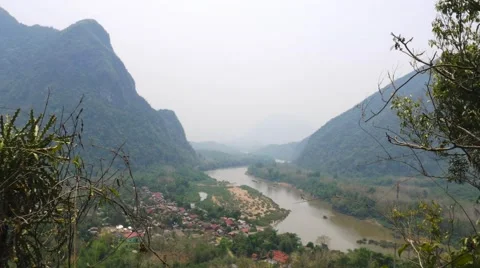 View river town in Laos. Extreme long shot, wide angle. Stock Footage 65478954