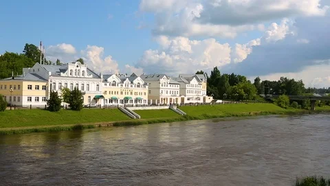 View on the river Tvertsa and the stone houses on the embankment in Torzhok,  Stock Footage 80884297