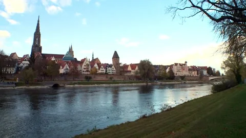 View from the river to Ulm Stock Footage 133804009