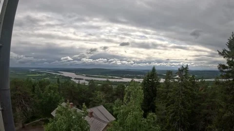 View of river valley and dense boreal forest from mountain peak in Lapland Stock-Footage 340653402