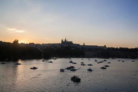 A view of River Vltava at sunset Stock Photos