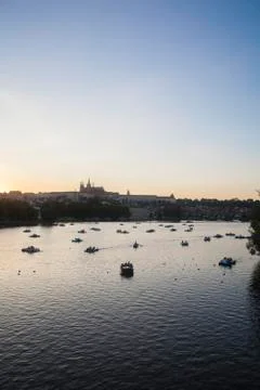 A view of River Vltava at sunset Stock Photos