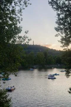 A view of River Vltava at sunset Stock Photos