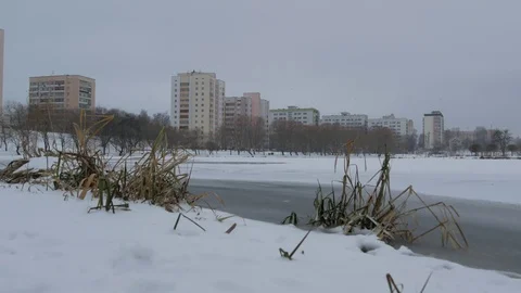 View the river in the winter in the city Stock Footage 84842704