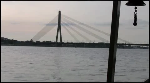 View from a riverboat on the cable-stayed bridge Stock Footage 10682926
