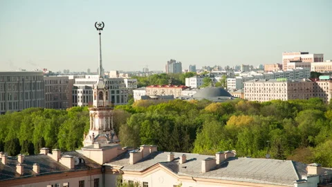 View on road and block of elite low-rise buildings in Minsk, Belarus Stock Footage 243554242