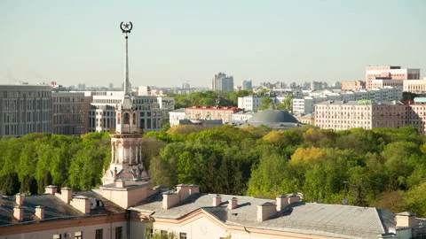 View on road and block of elite low-rise buildings in Minsk, Belarus Stock Footage 243554722