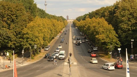 View of road and Park Tiergarten towards Brandenburg Gate in Berlin, Germany. Stock Footage 119366053