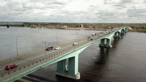 View of the road bridge over the river Stock Footage 163879588
