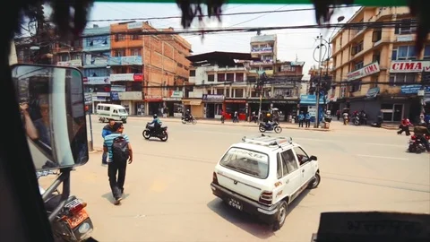 View of the road from the bus window driving to newar town Bhaktapur. Nepal Stock Footage 73692312