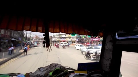 View of the road from the bus window driving along the street. Kathmandu, Nepal Stock Footage 74146639
