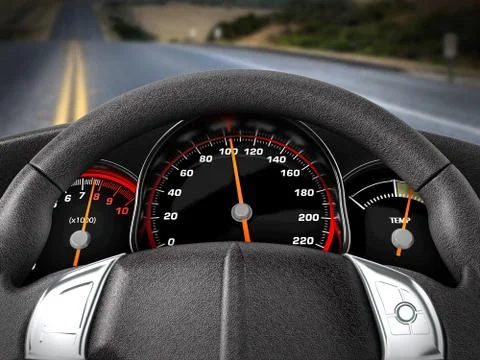 View of the road from the driver seat. 3D illustration Ilustración de archivo